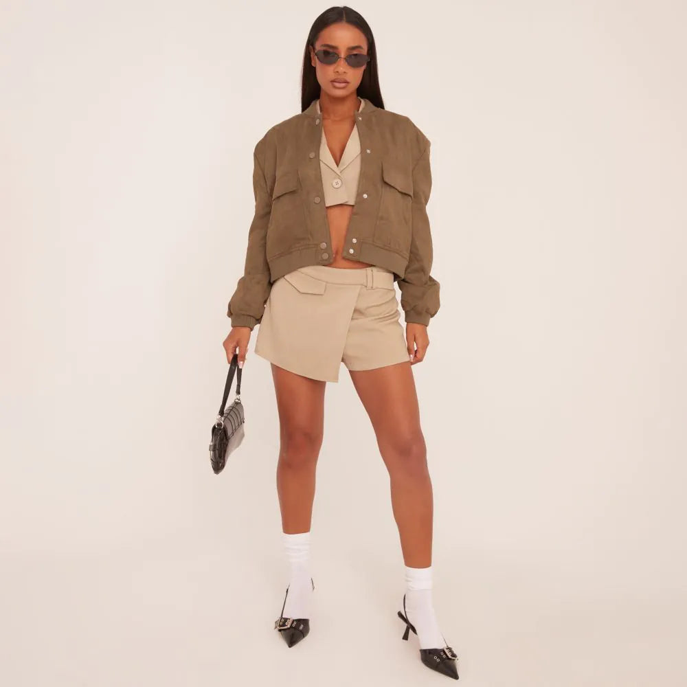 Button Front Bomber Jacket In Khaki Green Faux Suede