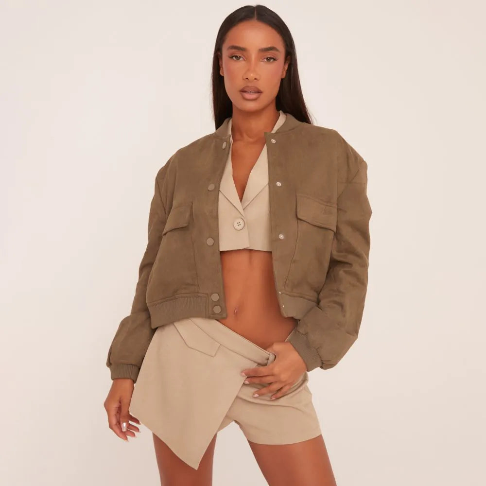 Button Front Bomber Jacket In Khaki Green Faux Suede