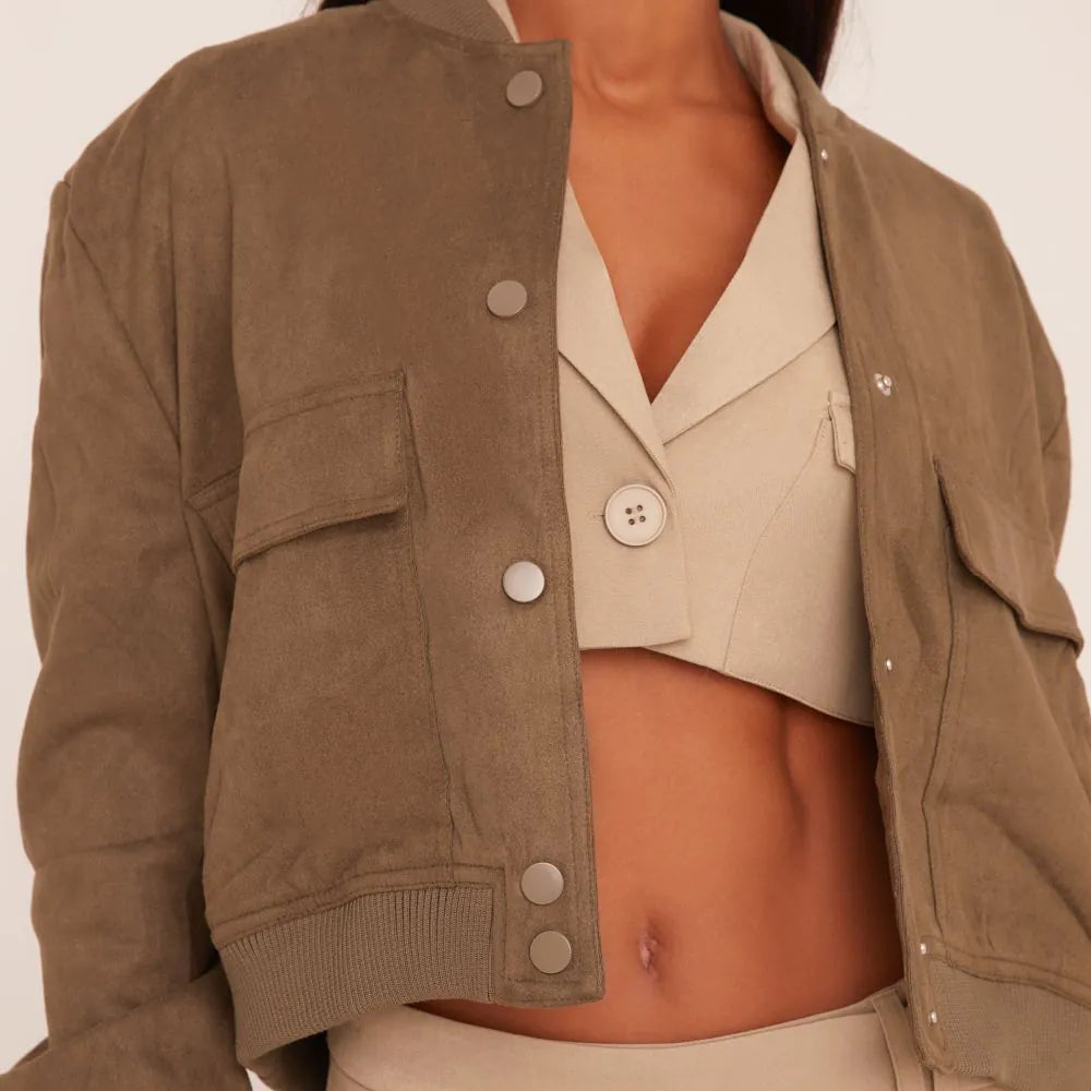 Button Front Bomber Jacket In Khaki Green Faux Suede