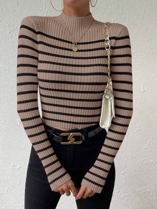 Gestreept Patroon Sweater met Opstaande Hals - Casual en Trendy