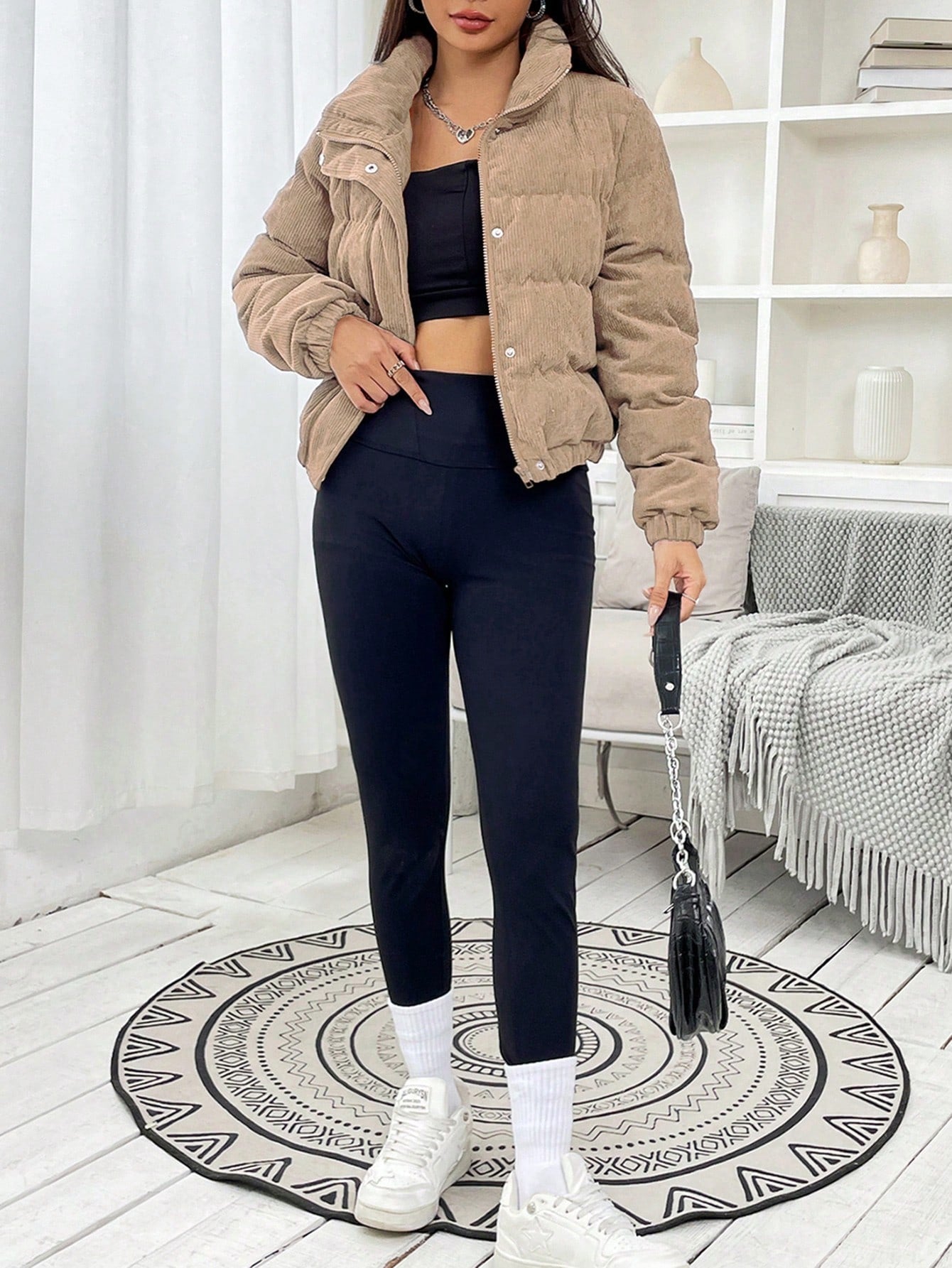 SHEIN EZwear Snap knop Corduroy Pufferjas Plunora