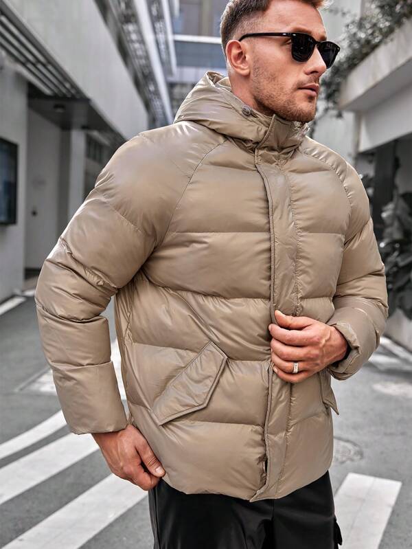 Plunora - Taupe Winter Puffer Jacket voor Heren met Capuchon