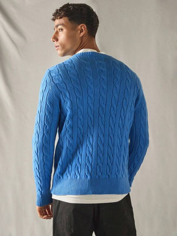 Blauwe Gebreide Lange Mouwen Sweater - Casual met Kabelpatroon