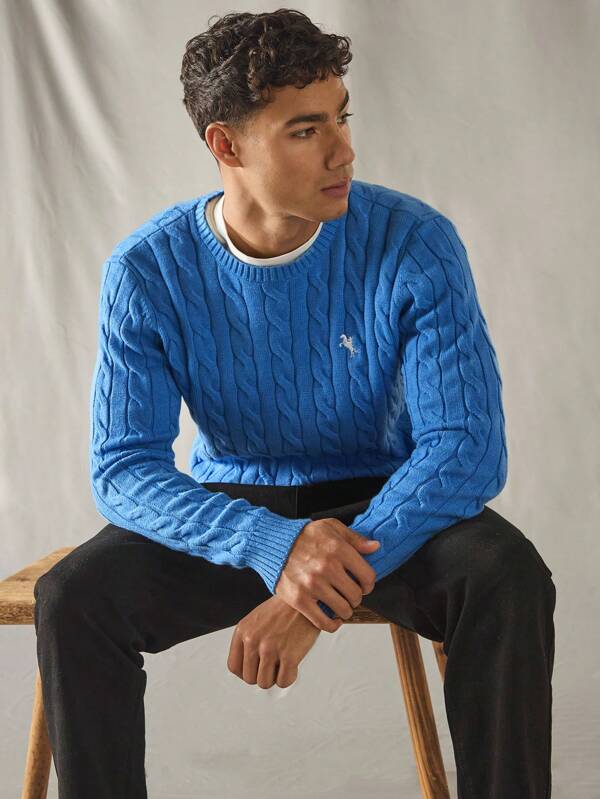 Blauwe Gebreide Lange Mouwen Sweater - Casual met Kabelpatroon