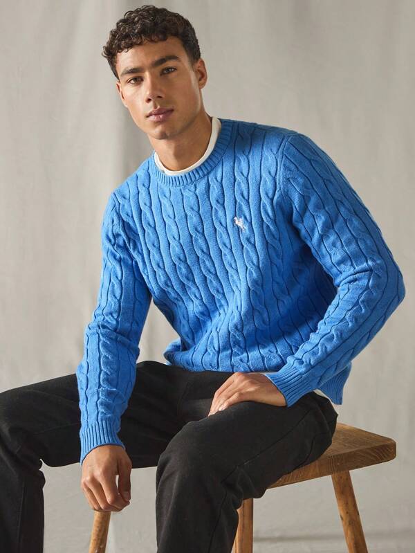 Blauwe Gebreide Lange Mouwen Sweater - Casual met Kabelpatroon