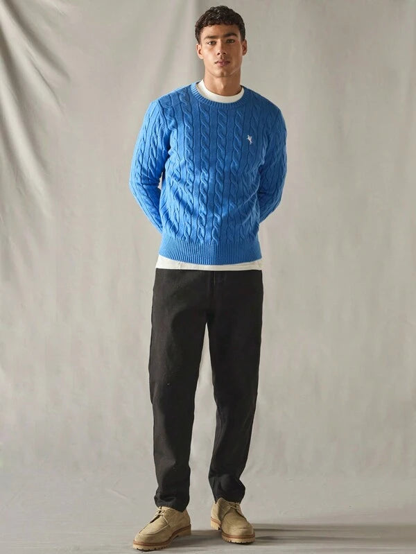 Blauwe Gebreide Lange Mouwen Sweater - Casual met Kabelpatroon