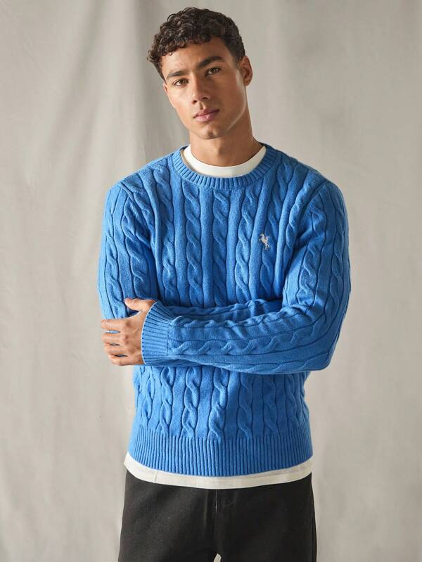 Blauwe Gebreide Lange Mouwen Sweater - Casual met Kabelpatroon