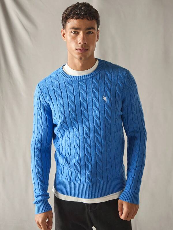 Blauwe Gebreide Lange Mouwen Sweater - Casual met Kabelpatroon