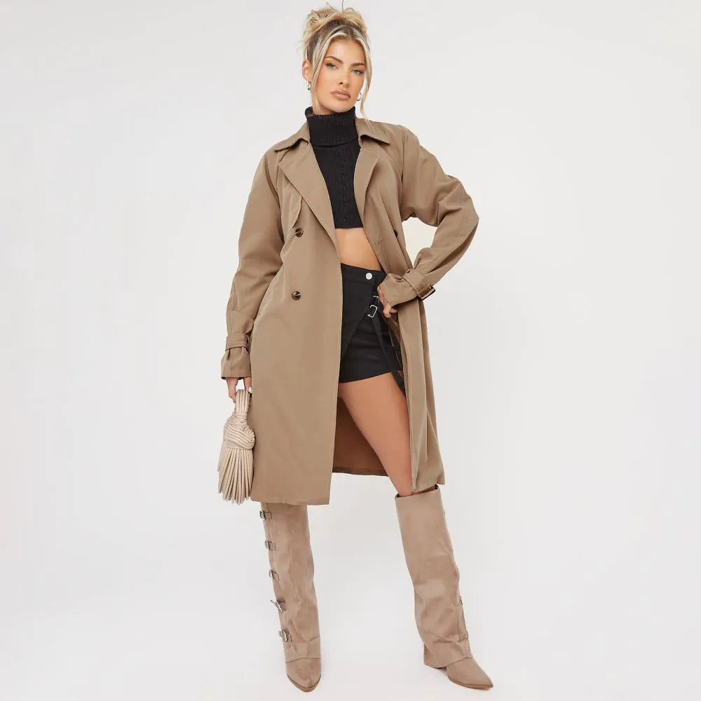 Button Detail Belted Midi Trench Coat In Beige