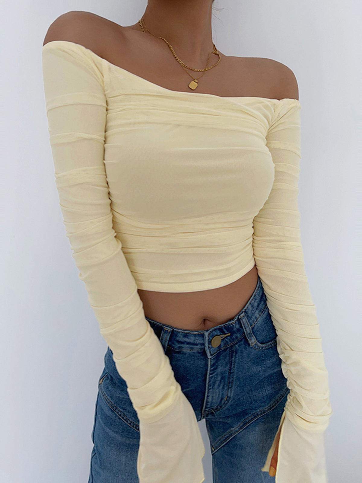 Plunora - Off Shoulder Mesh Crop Shirt