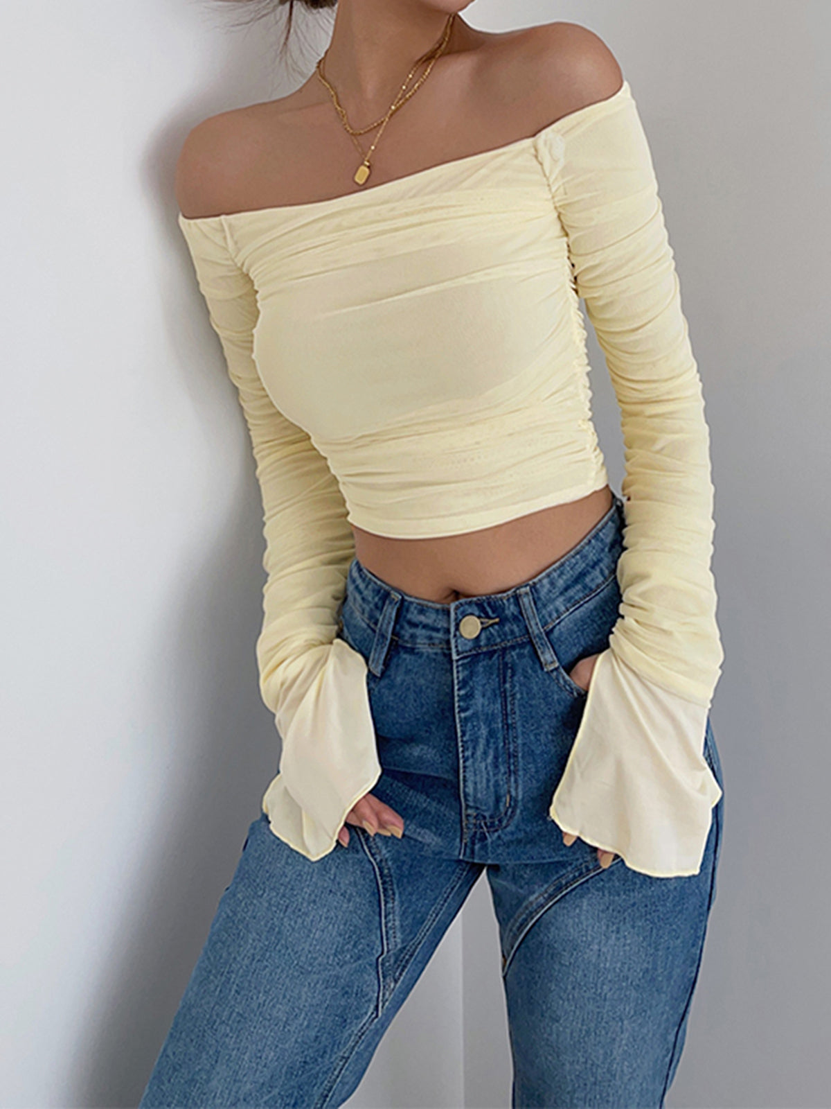 Plunora - Off Shoulder Mesh Crop Shirt