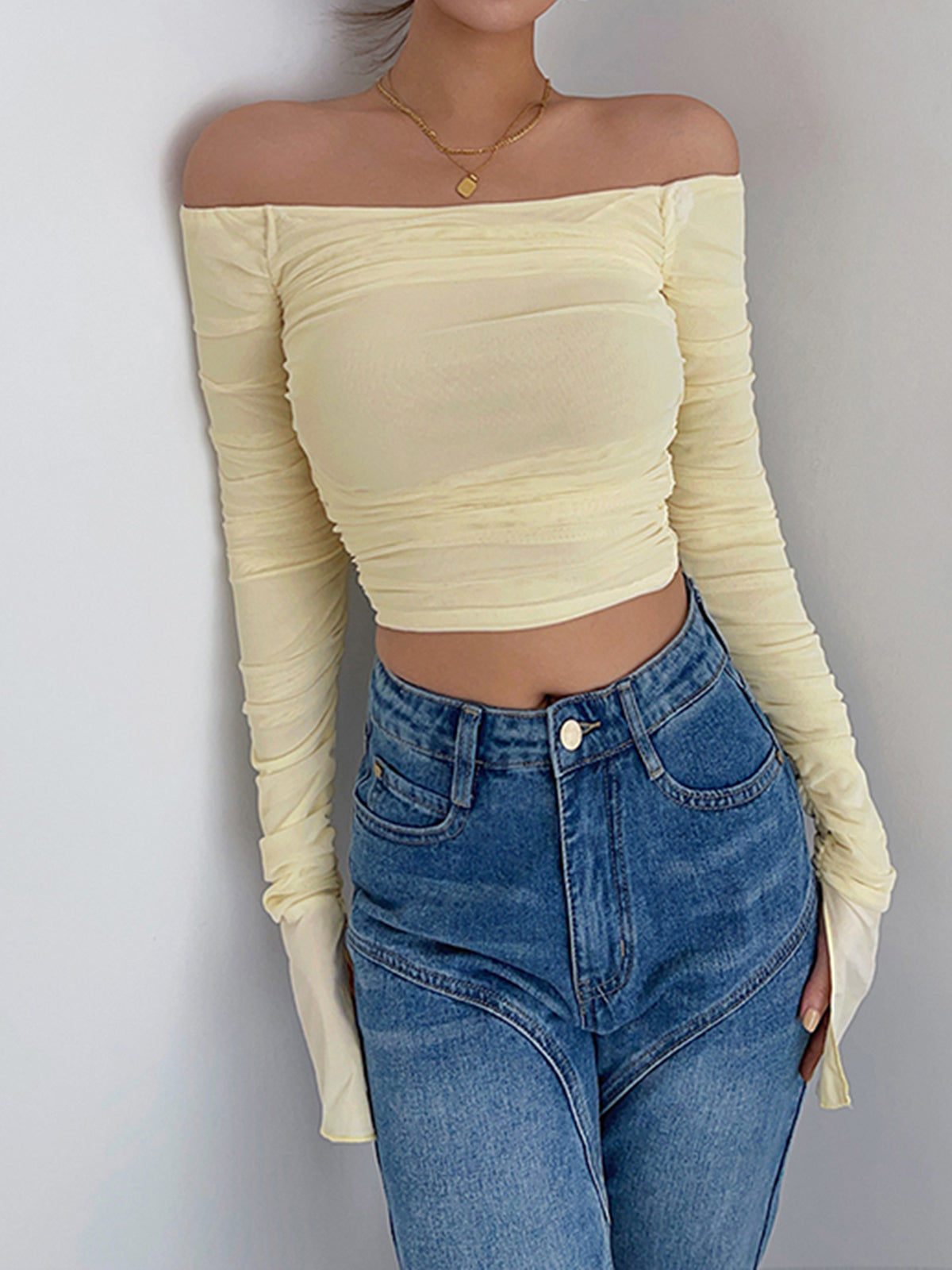 Plunora - Off Shoulder Mesh Crop Shirt