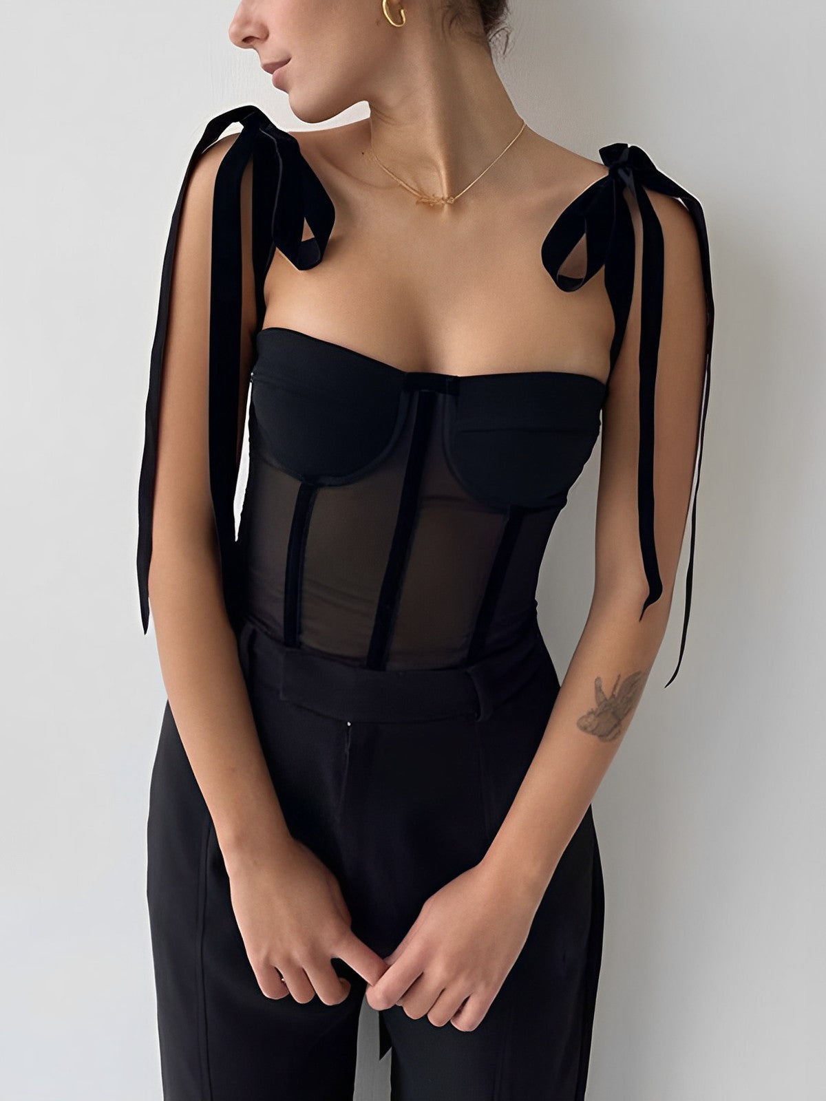 Plunora - Tied Mesh Corset Crop Top