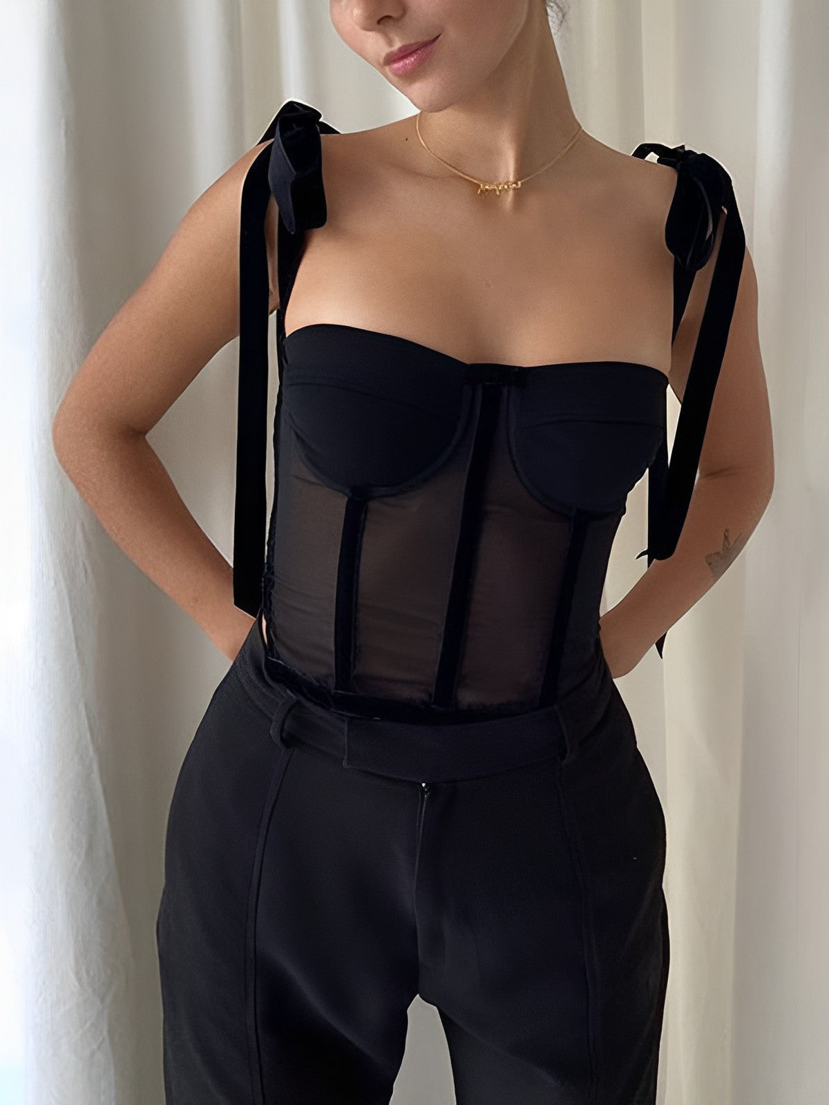 Plunora - Tied Mesh Corset Crop Top