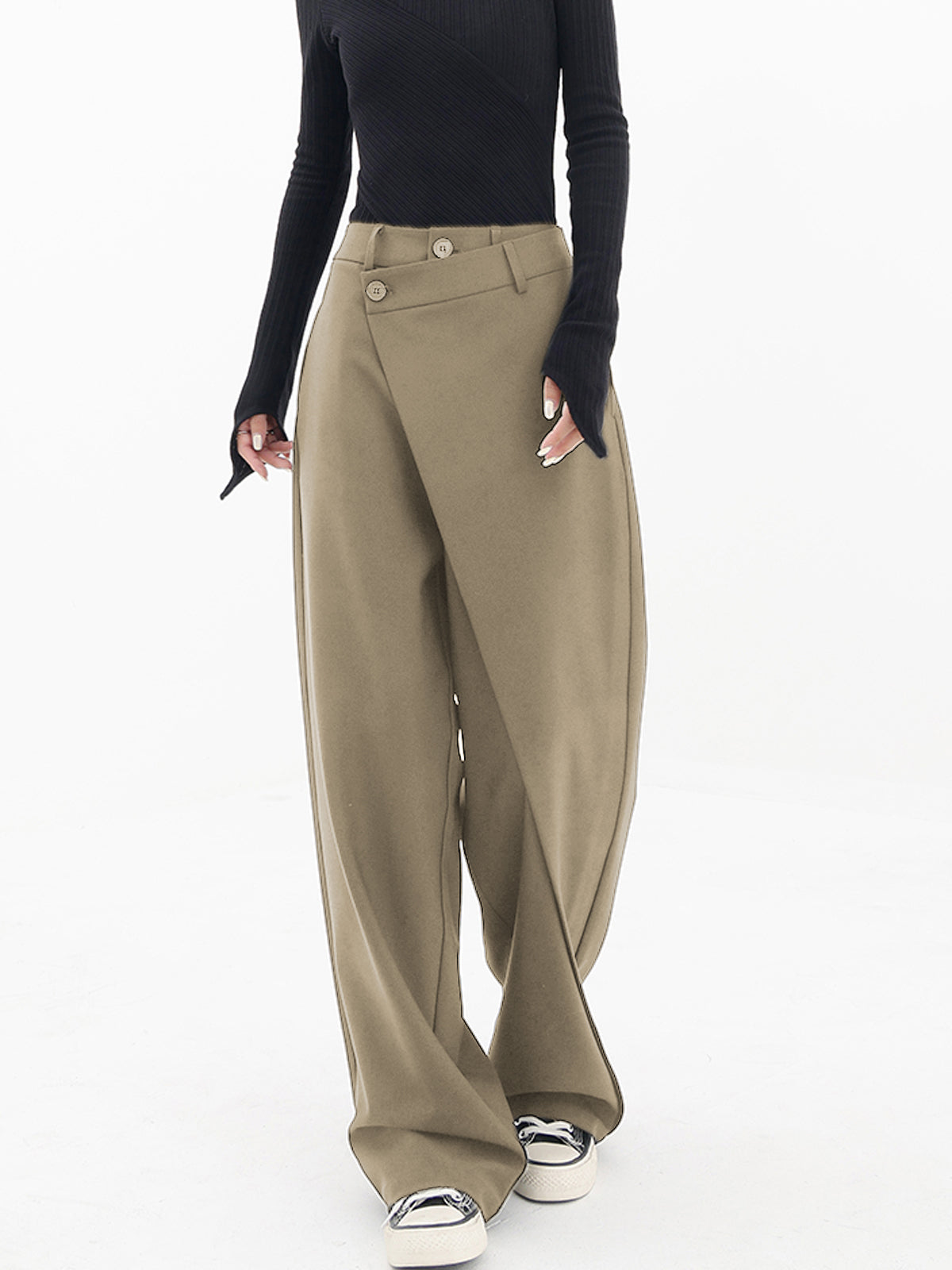 Plunora - Asymmetrische Wide Leg Dress Broek met Knopen