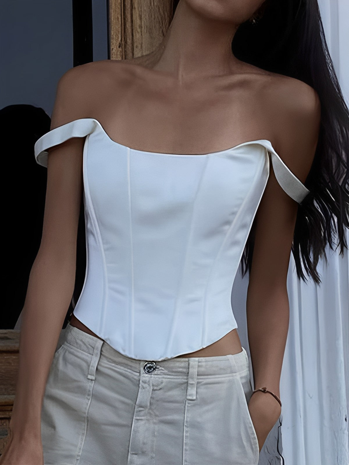 Plunora - Ivory Glow Tied Crop Corset Top