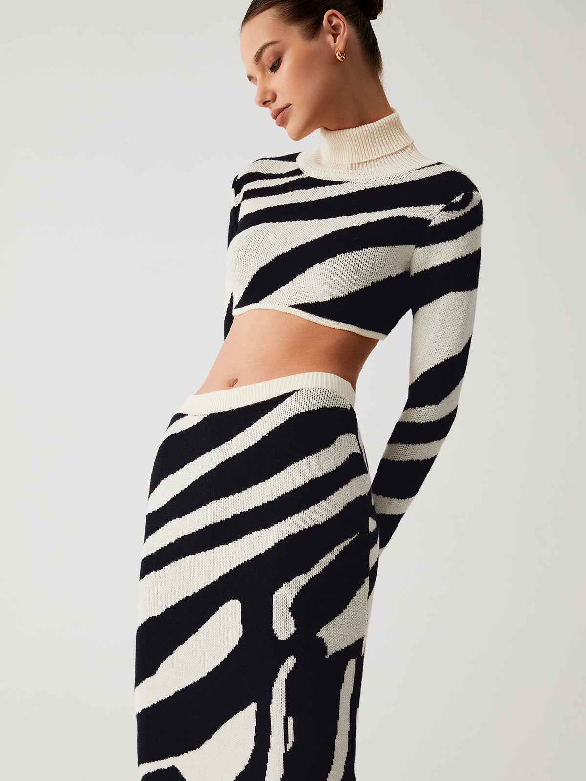 Plunora - Zebra Print Mock Neck Crop Top en Tweedelige Rok Set