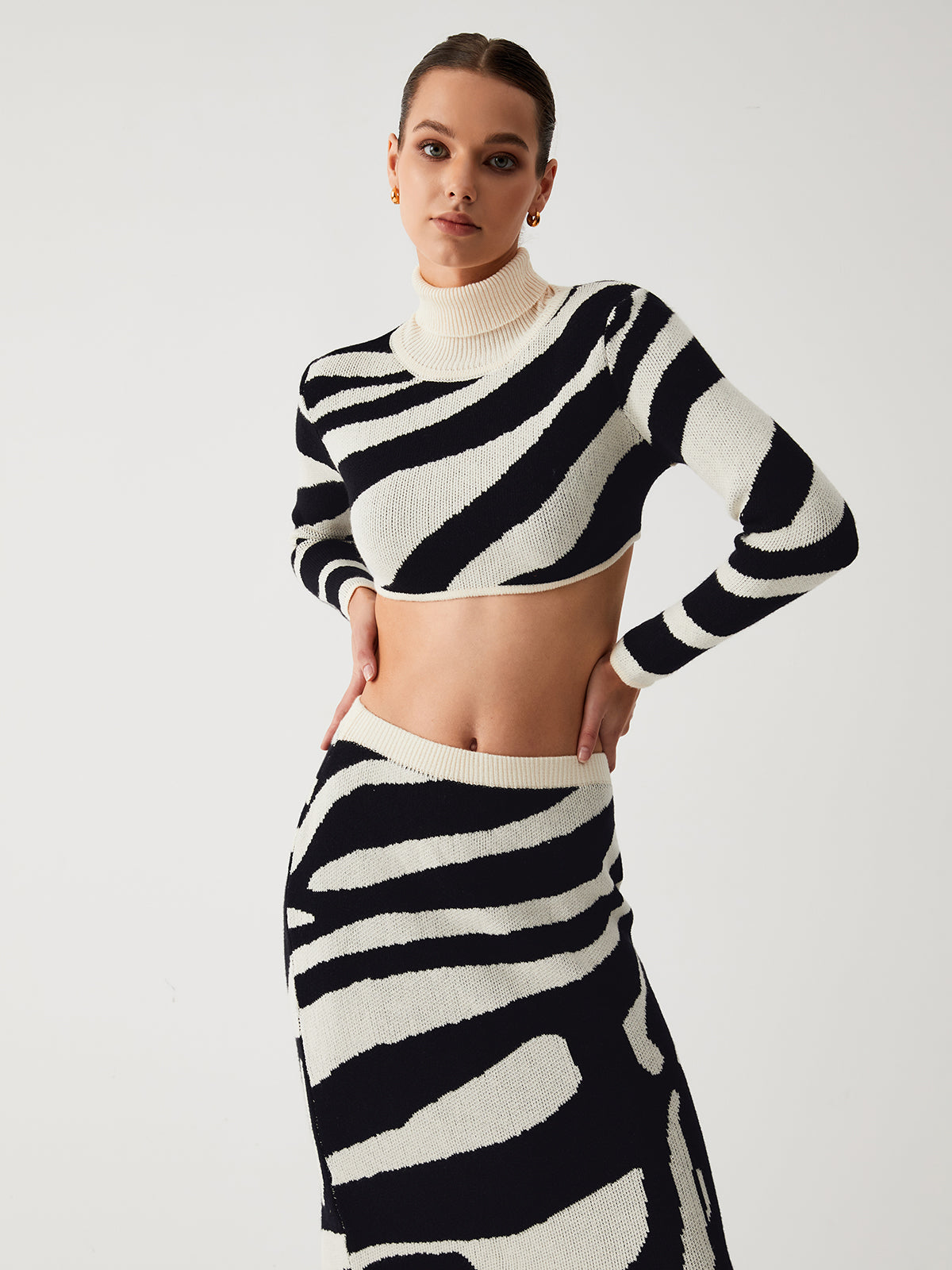 Plunora - Zebra Print Mock Neck Crop Top en Tweedelige Rok Set