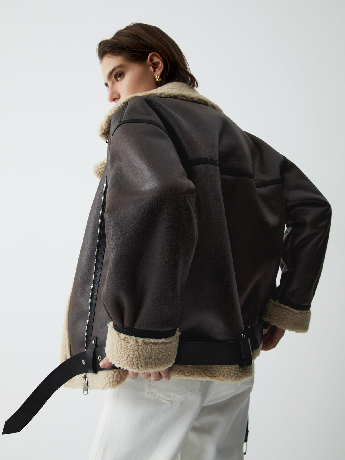 Plunora - Klassieke Shearling Leren Vliegjas Met Sherpa Voering