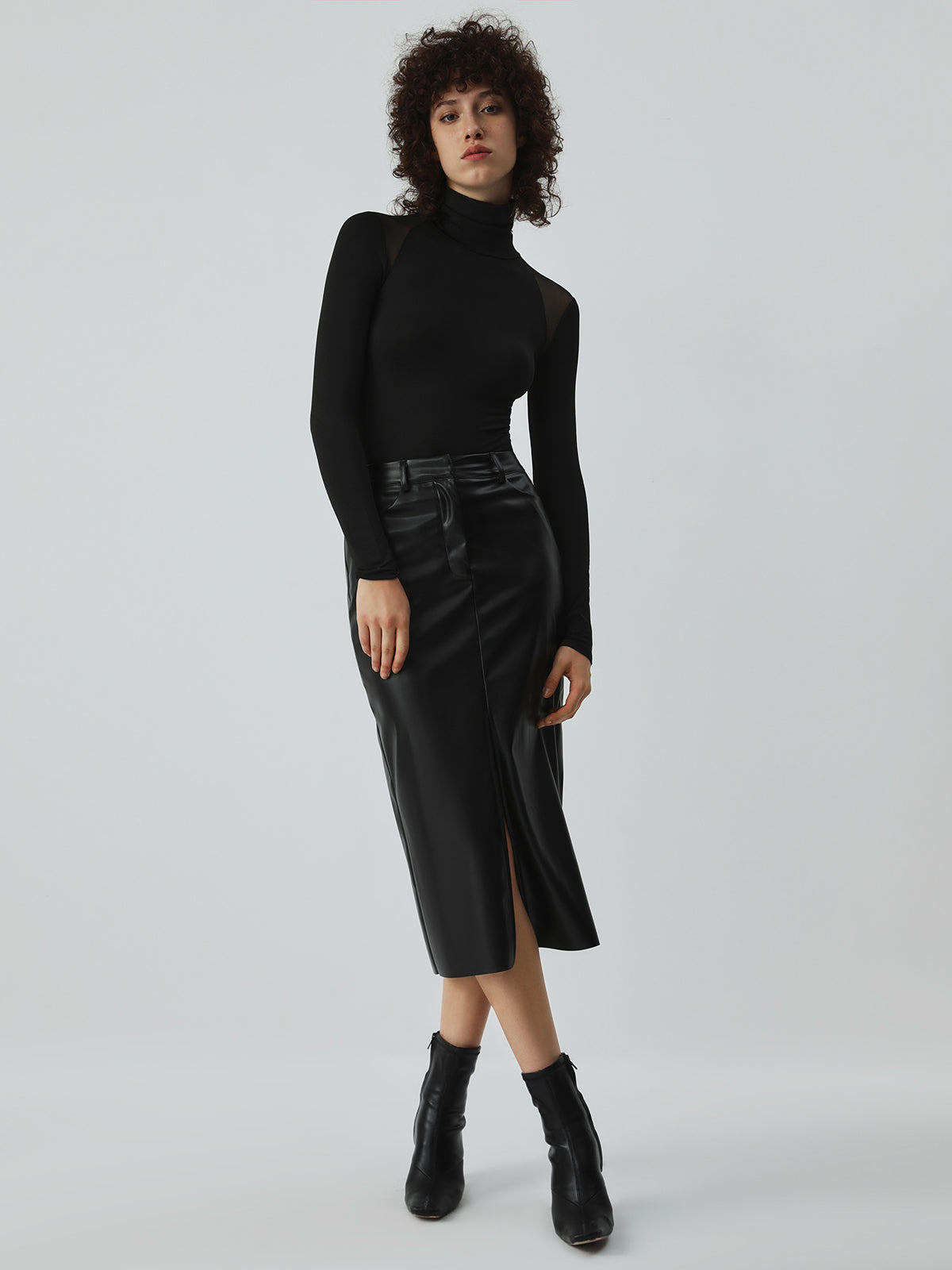 Plunora - Patchwork Mesh Turtleneck Bodysuit met Lange Mouwen