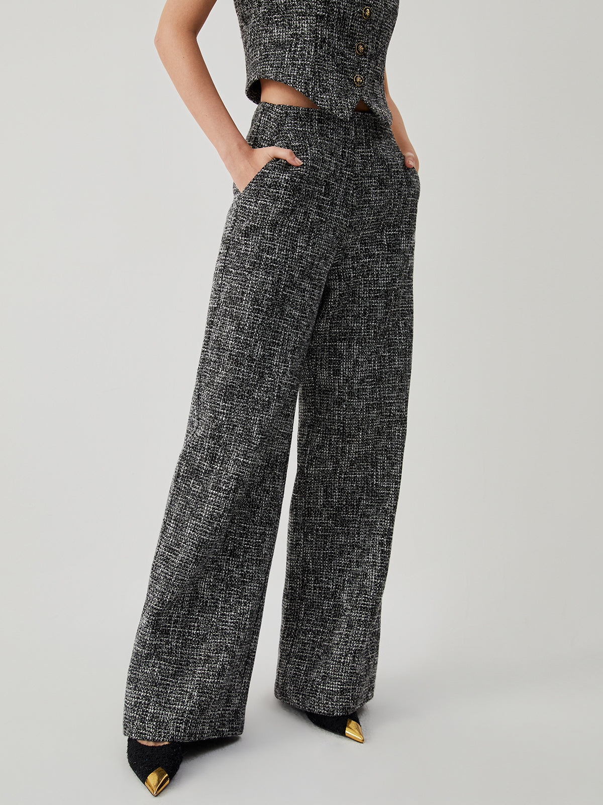 Plunora - Old Money Tweed Rechte Broek met Zakken