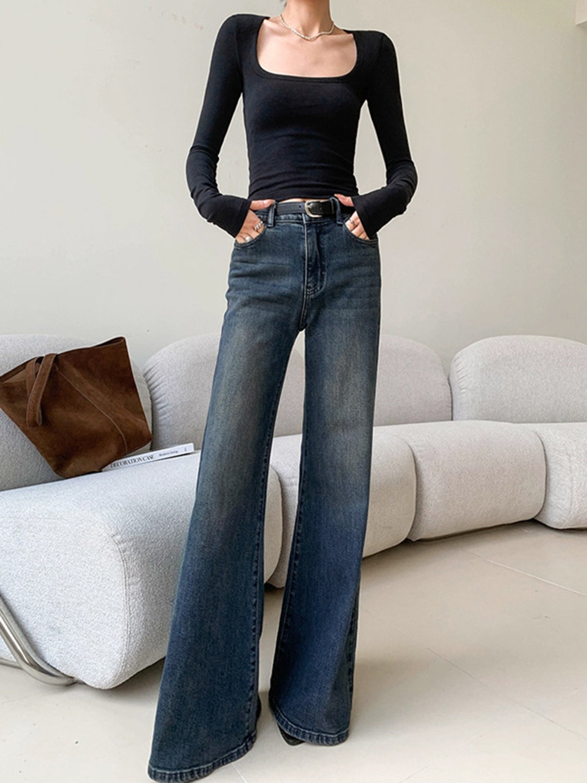 Plunora - Vintage Washed Wide Leg Denim Jeans