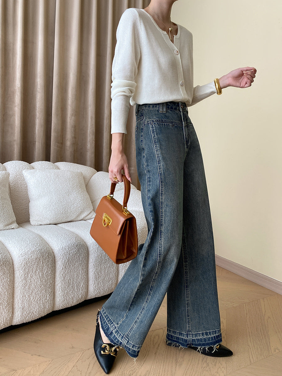 Plunora - Vintage Denim Wide Leg Jeans met Knopen