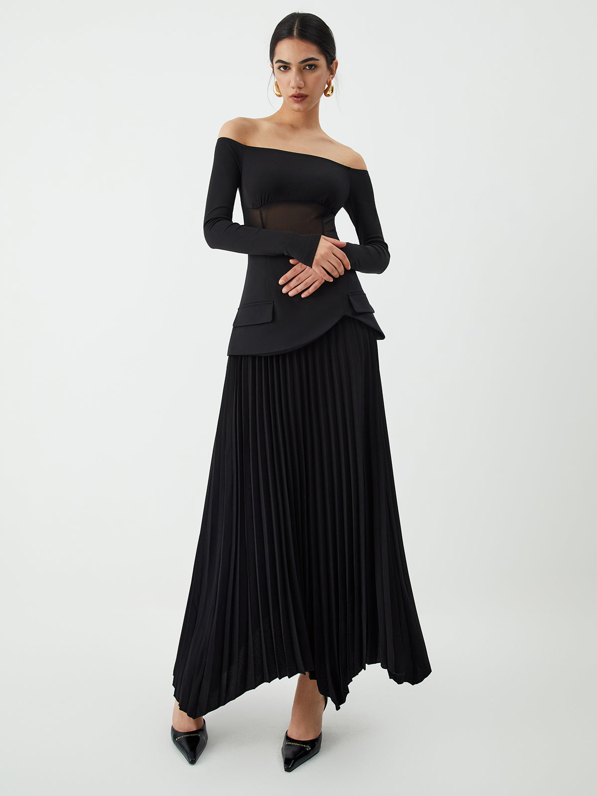 Plunora - Mesh Off Shoulder Patchwork Bodysuit