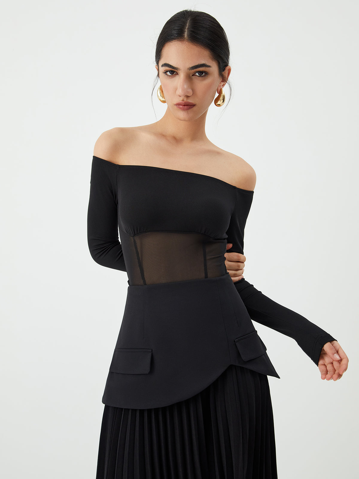 Plunora - Mesh Off Shoulder Patchwork Bodysuit