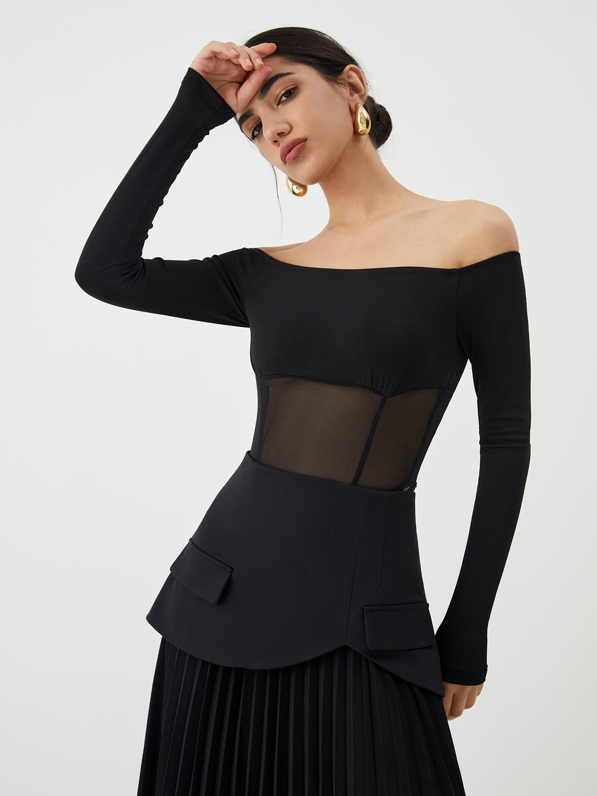 Plunora - Mesh Off Shoulder Patchwork Bodysuit