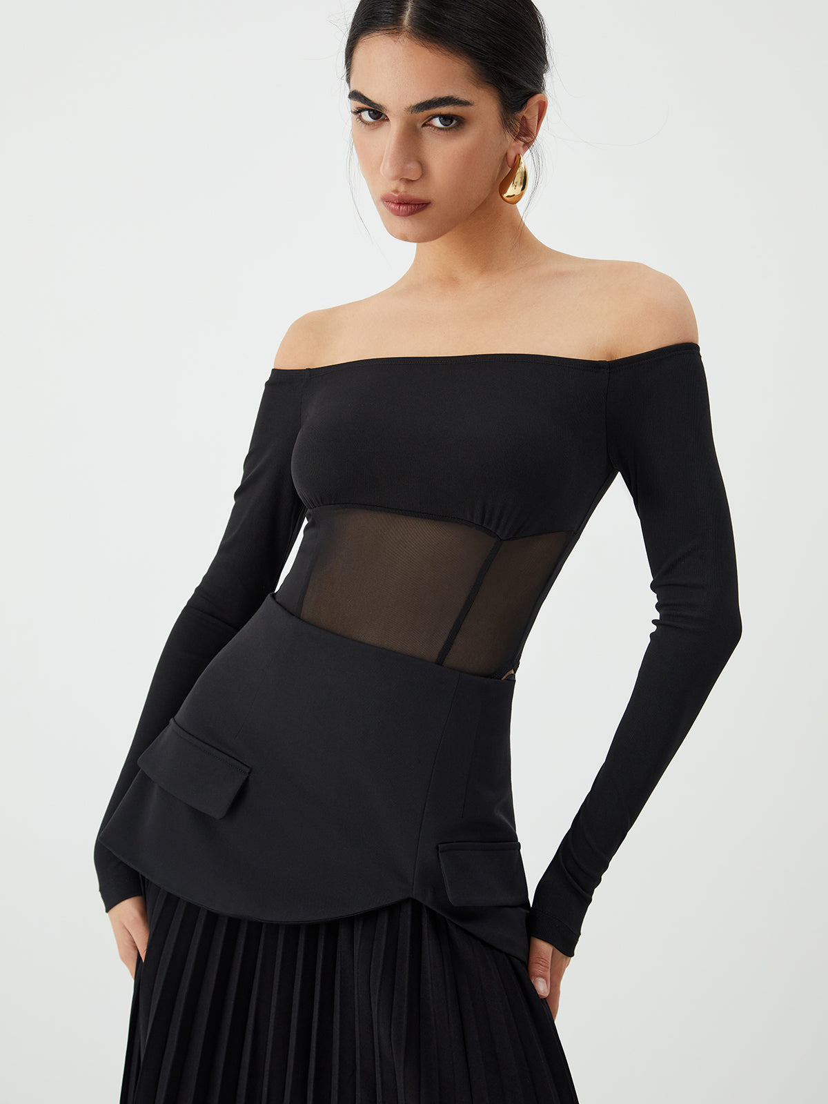 Plunora - Mesh Off Shoulder Patchwork Bodysuit