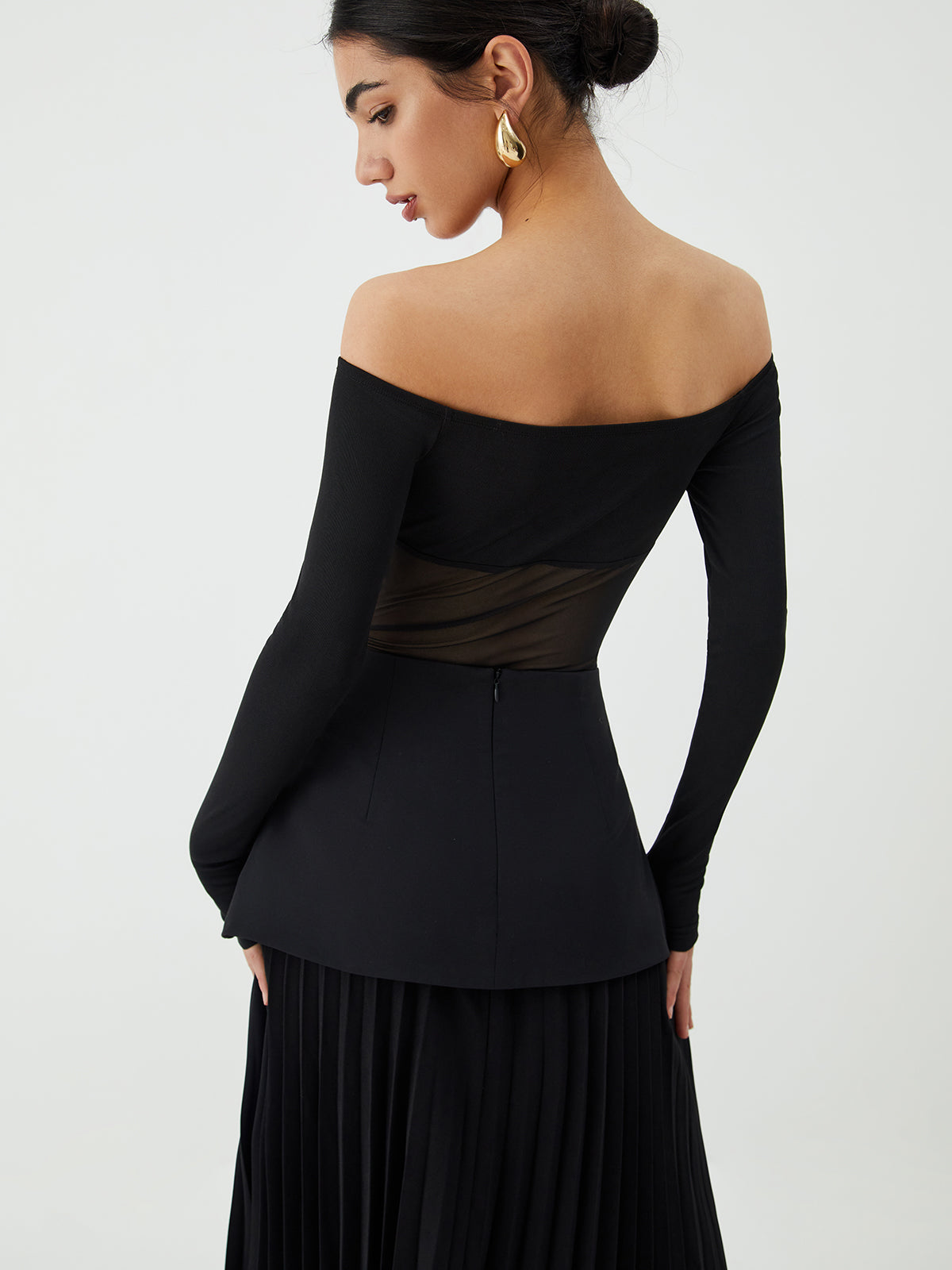 Plunora - Mesh Off Shoulder Patchwork Bodysuit