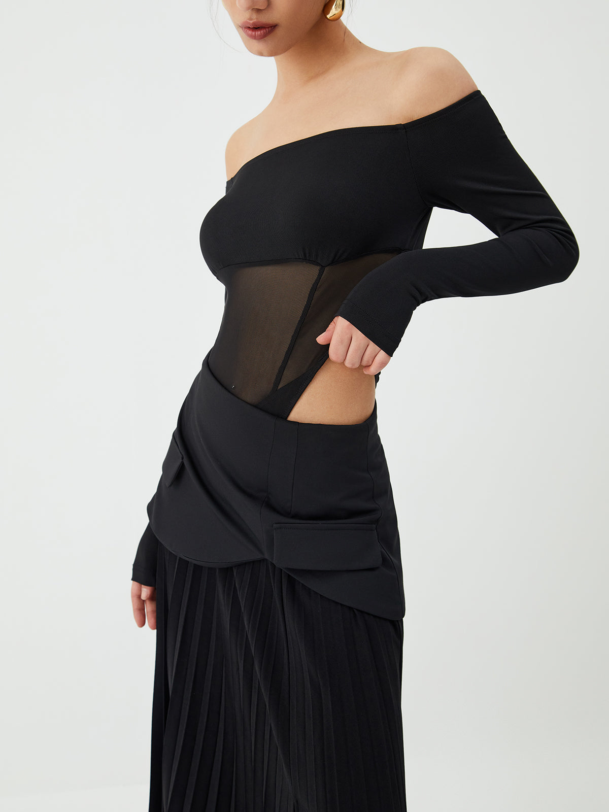 Plunora - Mesh Off Shoulder Patchwork Bodysuit