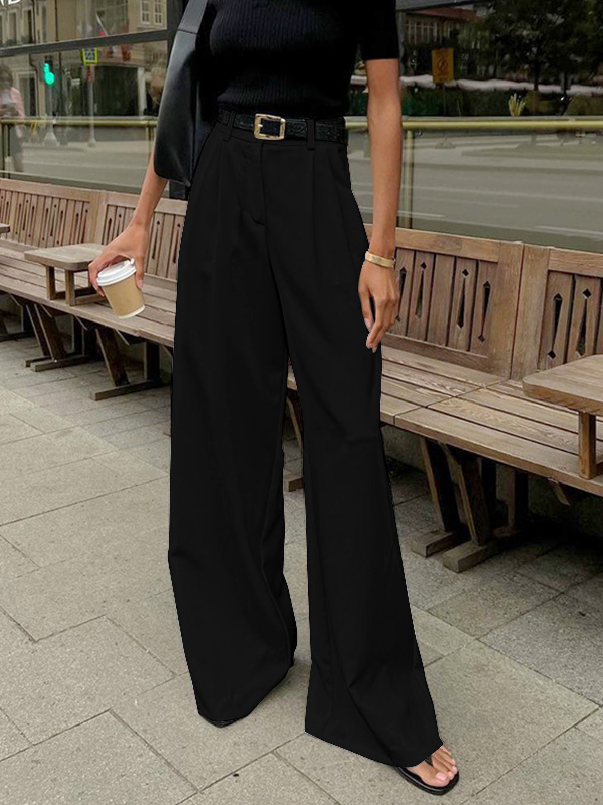 Plunora - Effen Wide Leg Broek Zonder Riem