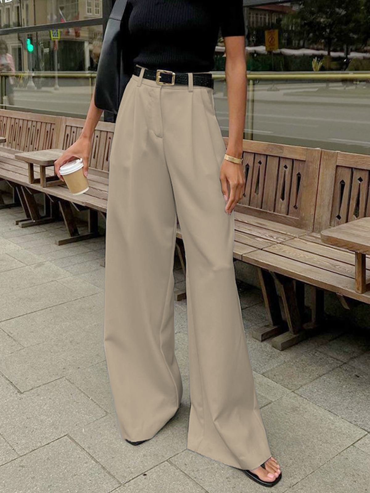 Plunora - Effen Wide Leg Broek Zonder Riem