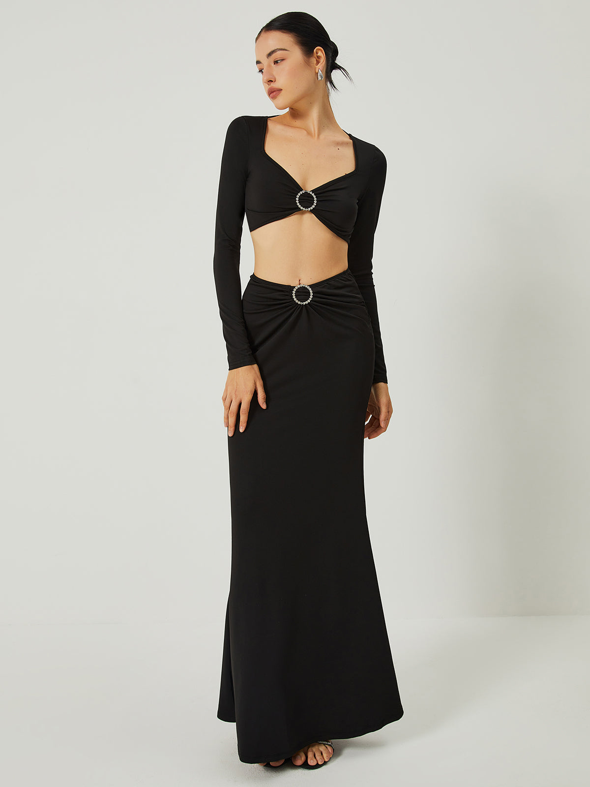 Plunora - Set van Lange Mouw Crop Top met Lange Rok