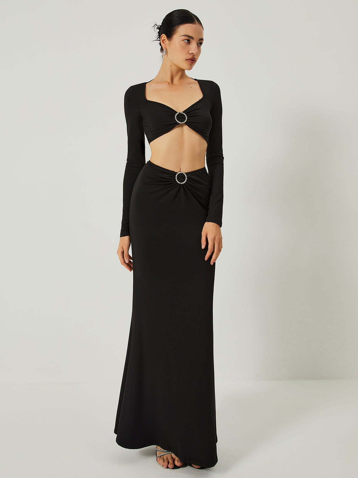 Plunora - Set van Lange Mouw Crop Top met Lange Rok