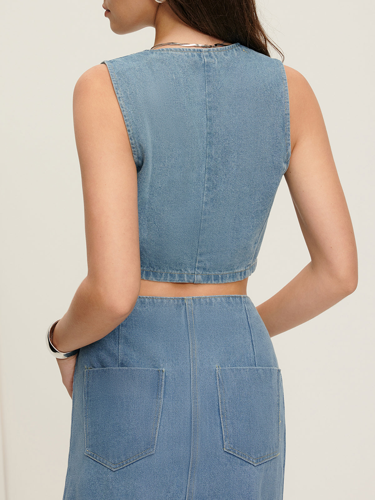 Plunora - Button Piping Crop Denim Vest