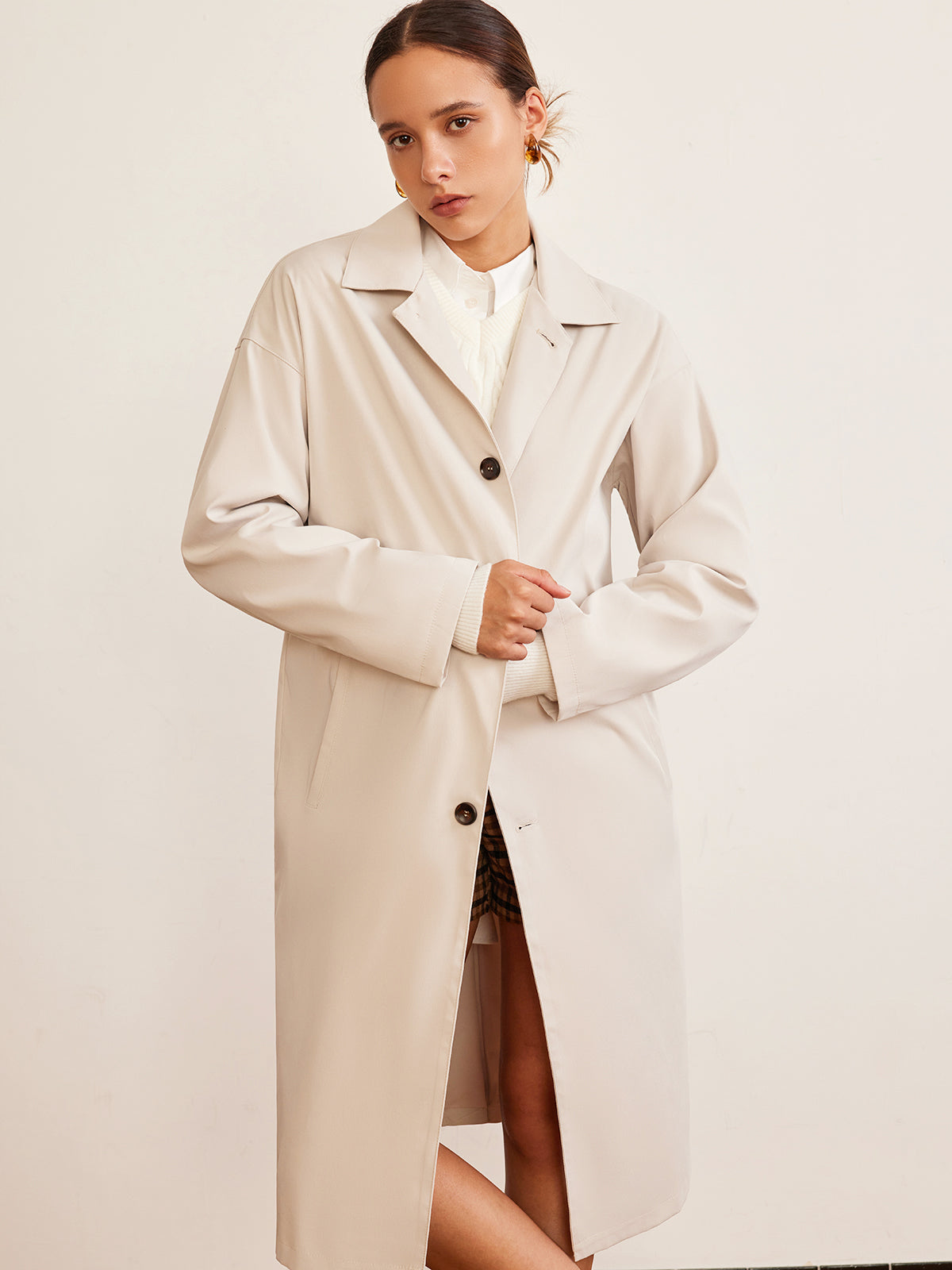 Plunora - Lange Trenchcoat Met Revers En Knoopsluiting