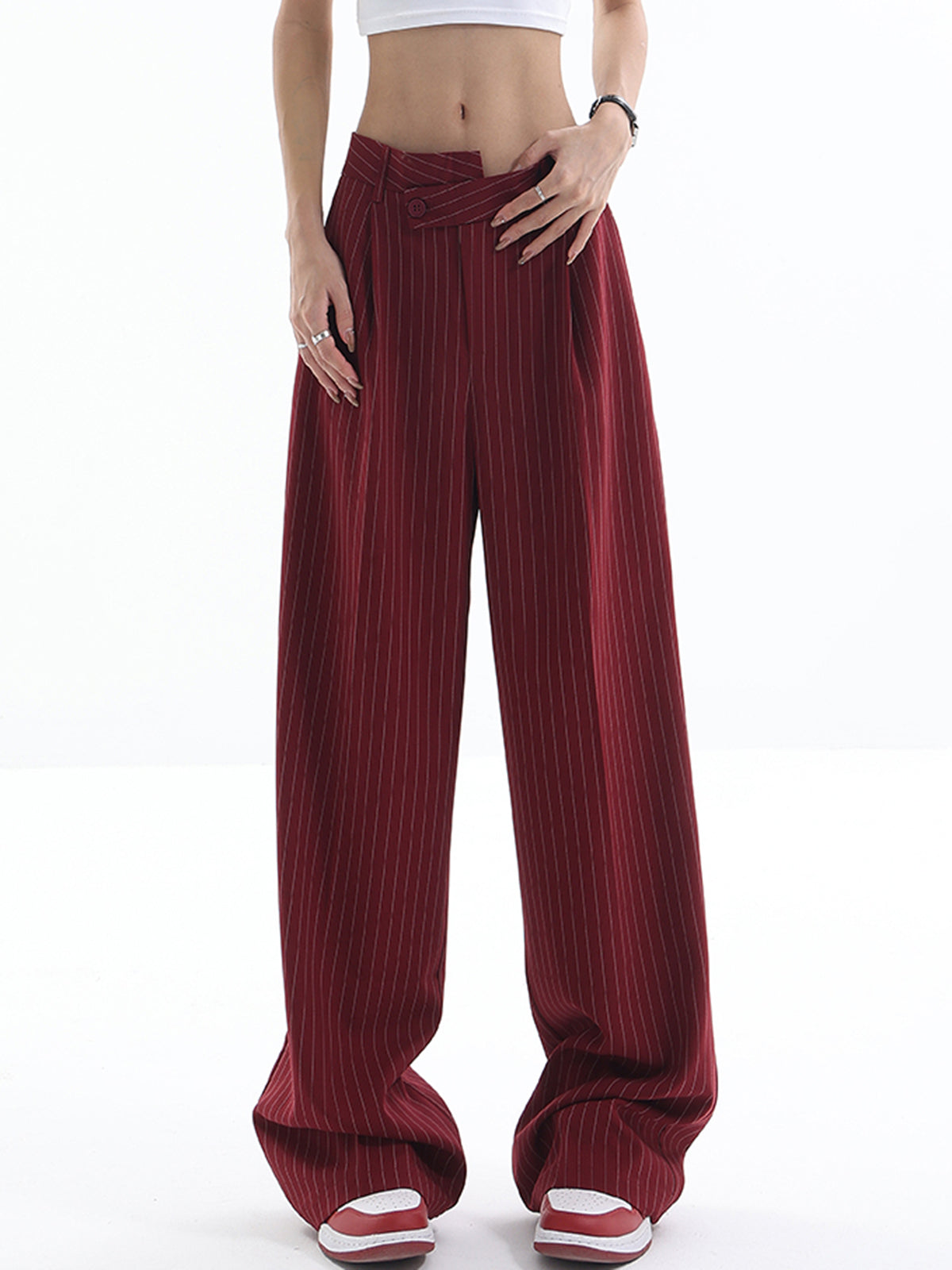 Plunora - Asymmetrische Hoge Taille Pinstripe Broek