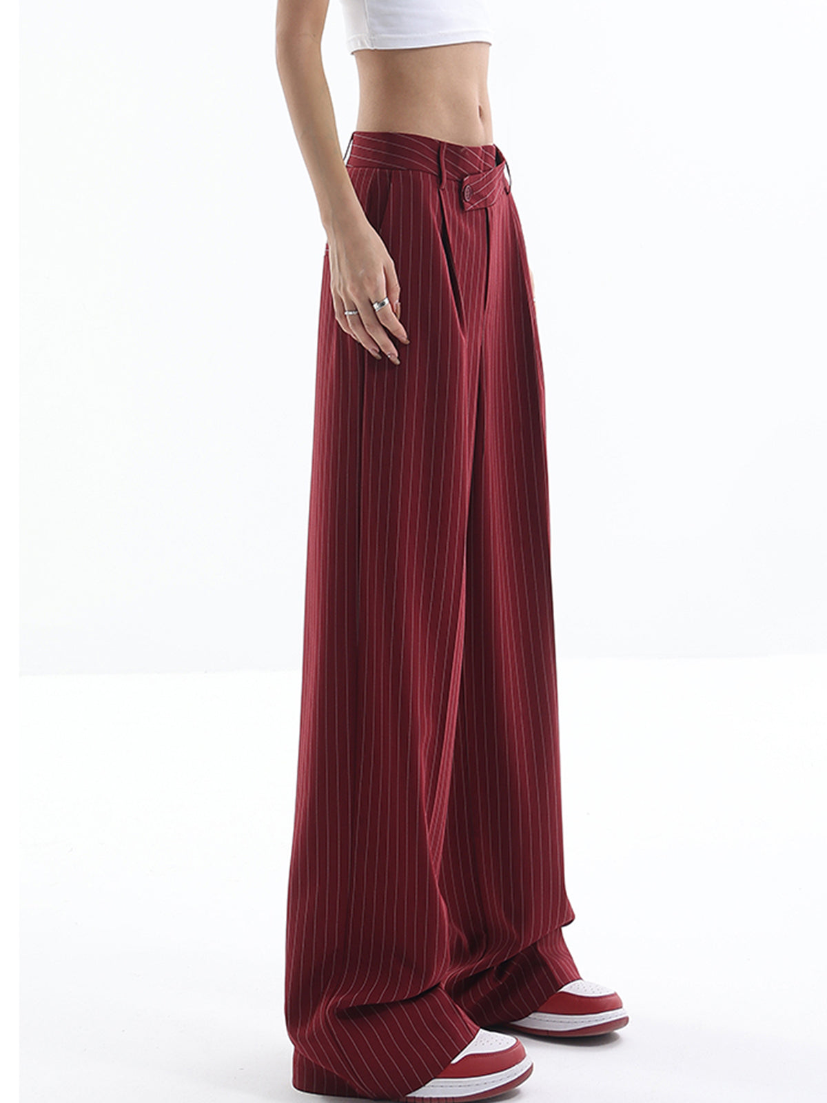 Plunora - Asymmetrische Hoge Taille Pinstripe Broek