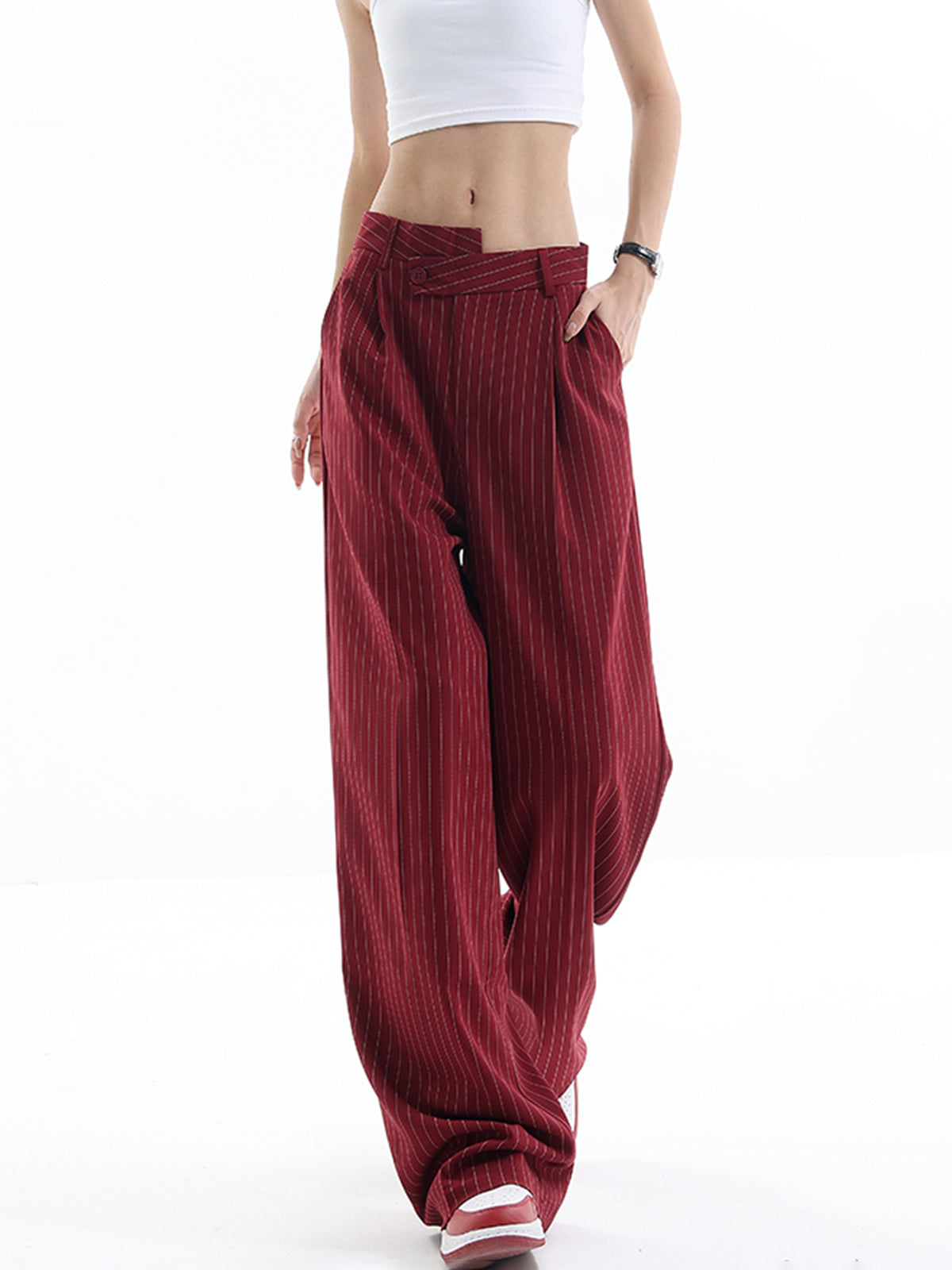 Plunora - Asymmetrische Hoge Taille Pinstripe Broek