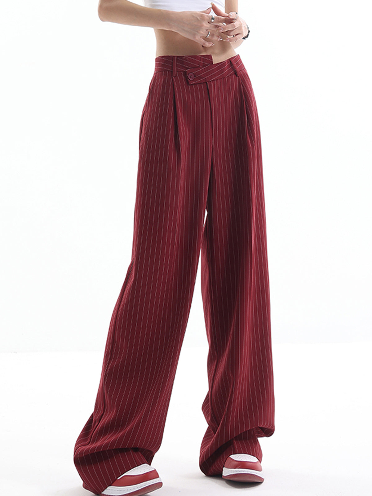 Plunora - Asymmetrische Hoge Taille Pinstripe Broek