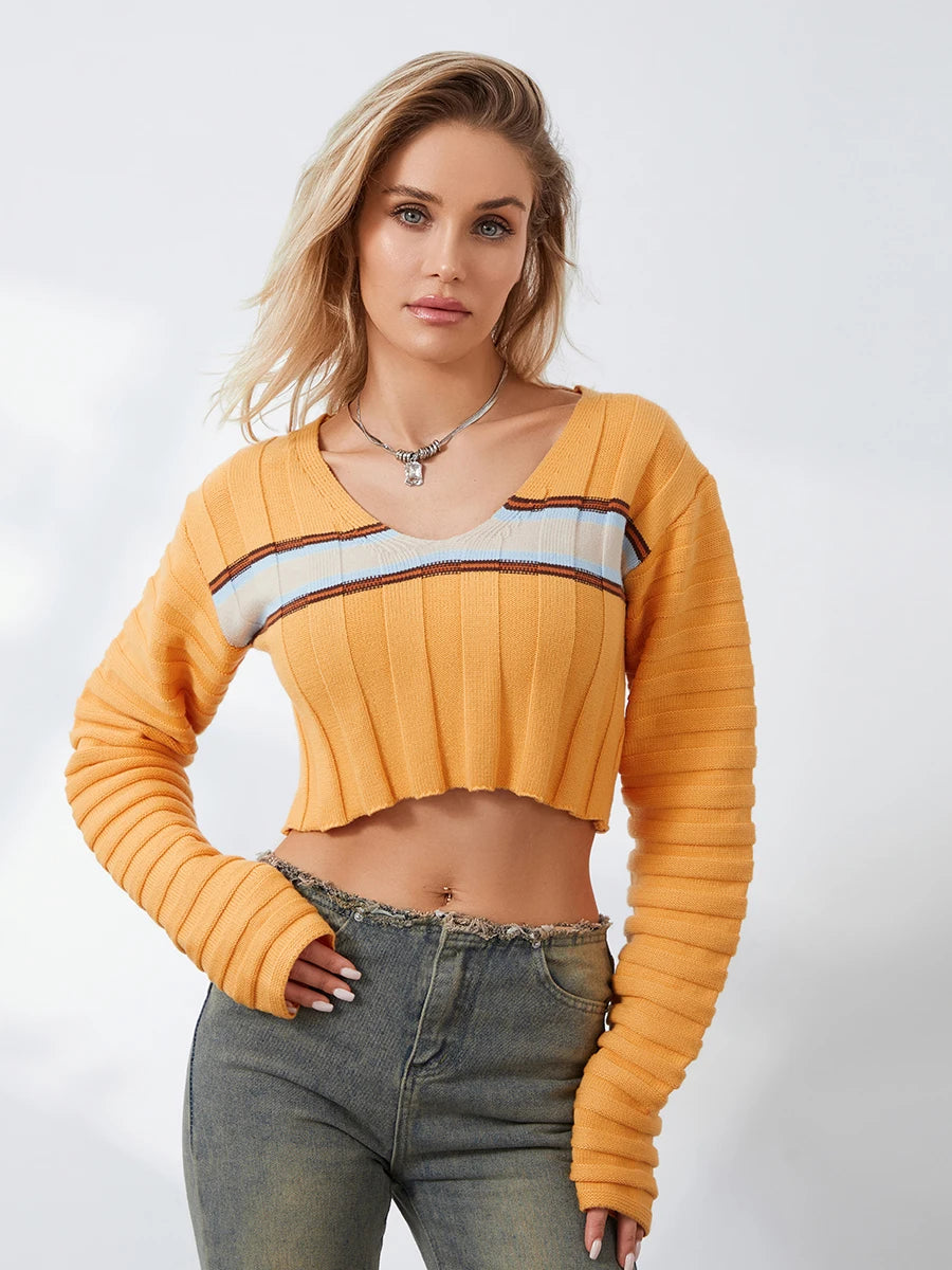 Plunora - Geribbelde Cropped Sweater met Strepen