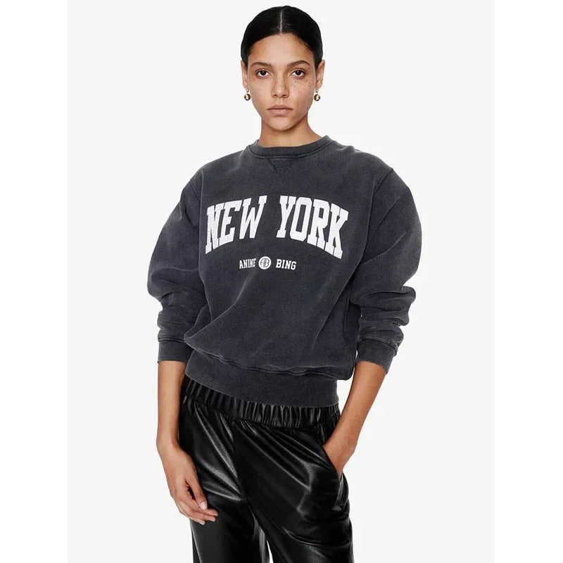 Nieuwe Franse Niche Ab Letters New York Bedrukt Waswater Gebakken Sneeuwzwarte Grijze Dames Hoodie