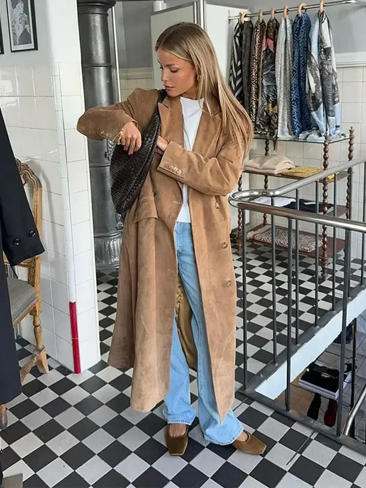 2024 Herfst Winter Solide Lange Windjack Mode Revers Dubbele Rij Knopen Met Zakjas Dames Casual Woon-Werkverkeer Streetwear