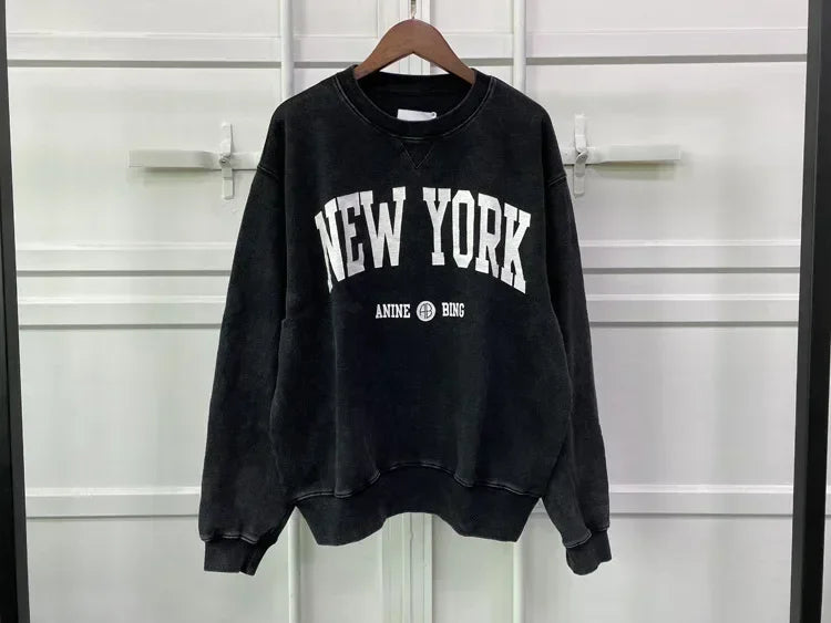 Nieuwe Franse Niche Ab Letters New York Bedrukt Waswater Gebakken Sneeuwzwarte Grijze Dames Hoodie