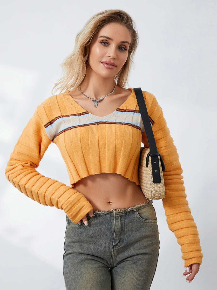 Plunora - Geribbelde Cropped Sweater met Strepen